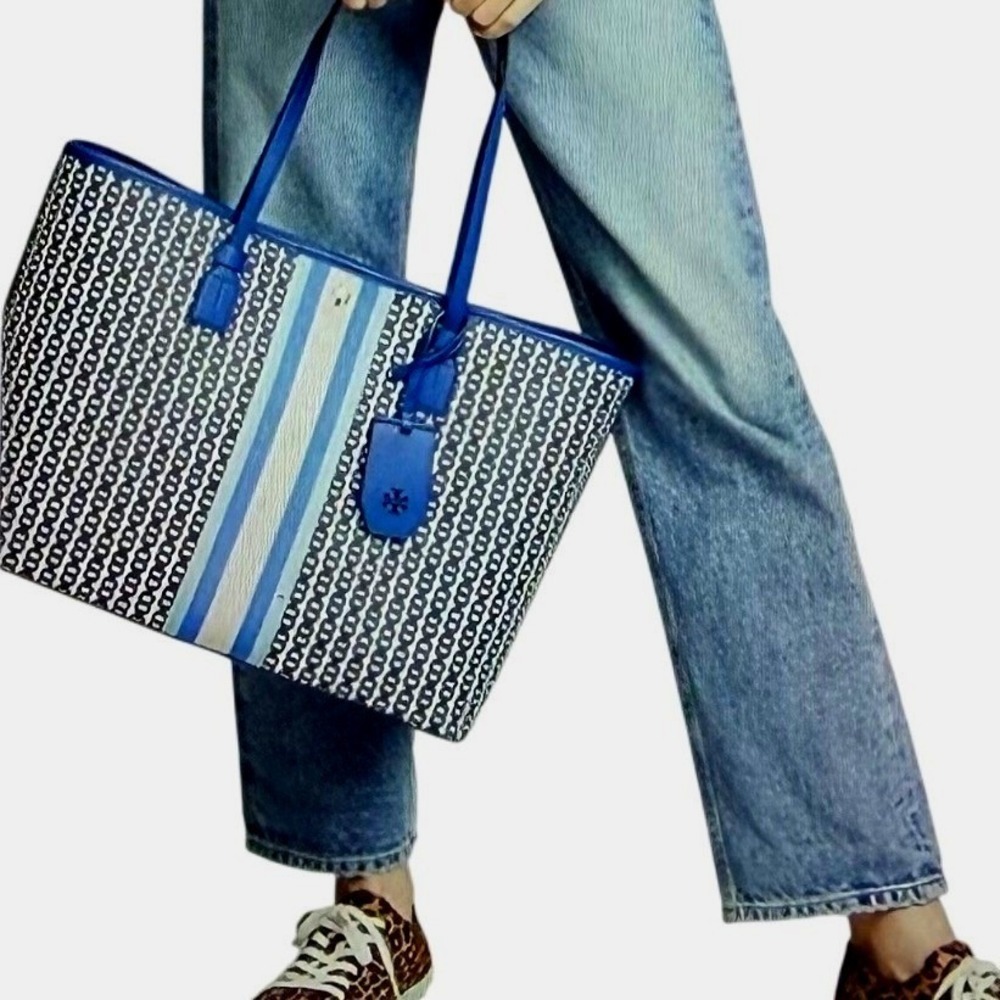Tory Burch Gemini Link Canvas Tote Bag Blue White Striped Large Shoulder Bag